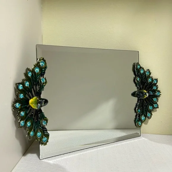 Vintage Enamel Rhinestone Pewter Peacock Mirror Vanity Tray